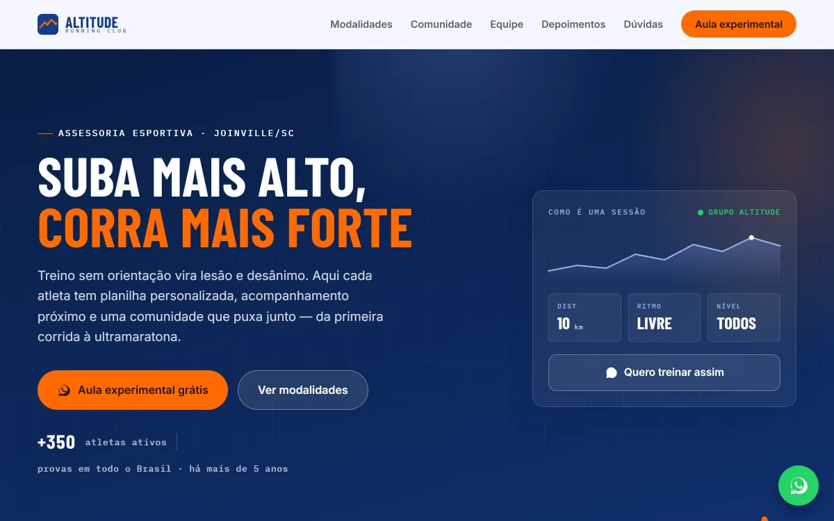 Demonstração de site para assessoria esportiva, identidade Telemetria de Altitude — exemplo de criação de sites em Joinville